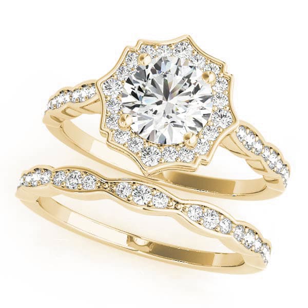 Scalloped Halo Single Row Engagement Ring, style 84997, On hand view in yellow gold