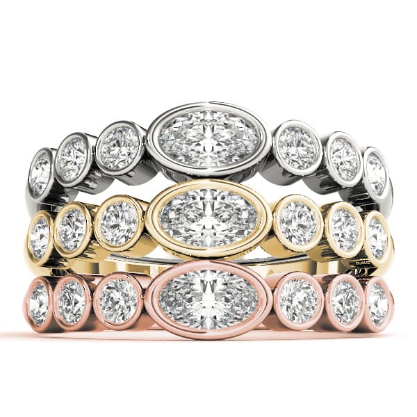 Bezel Set Stackable Oval Center Wedding Band (1/4 ct. tw.), Top view in white gold or platinum