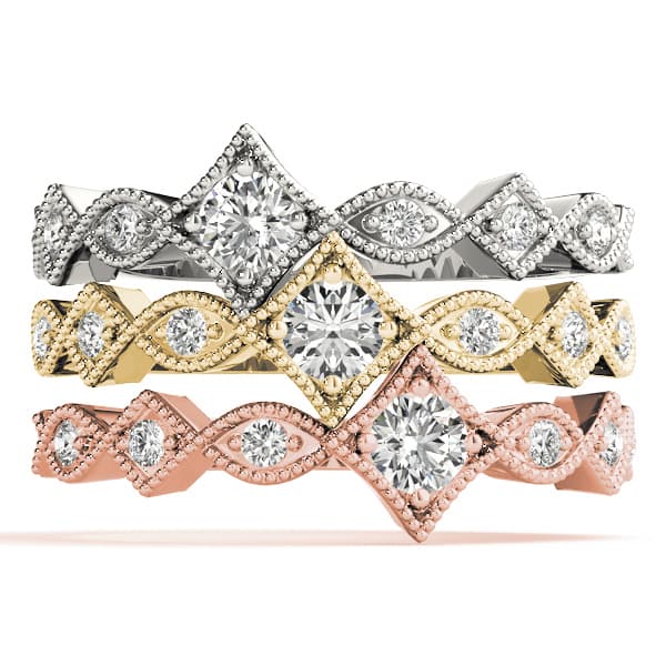 Stackable Marquise Milgrain Wedding Rings (0.09 ct. tw.), Top view in white gold or platinum