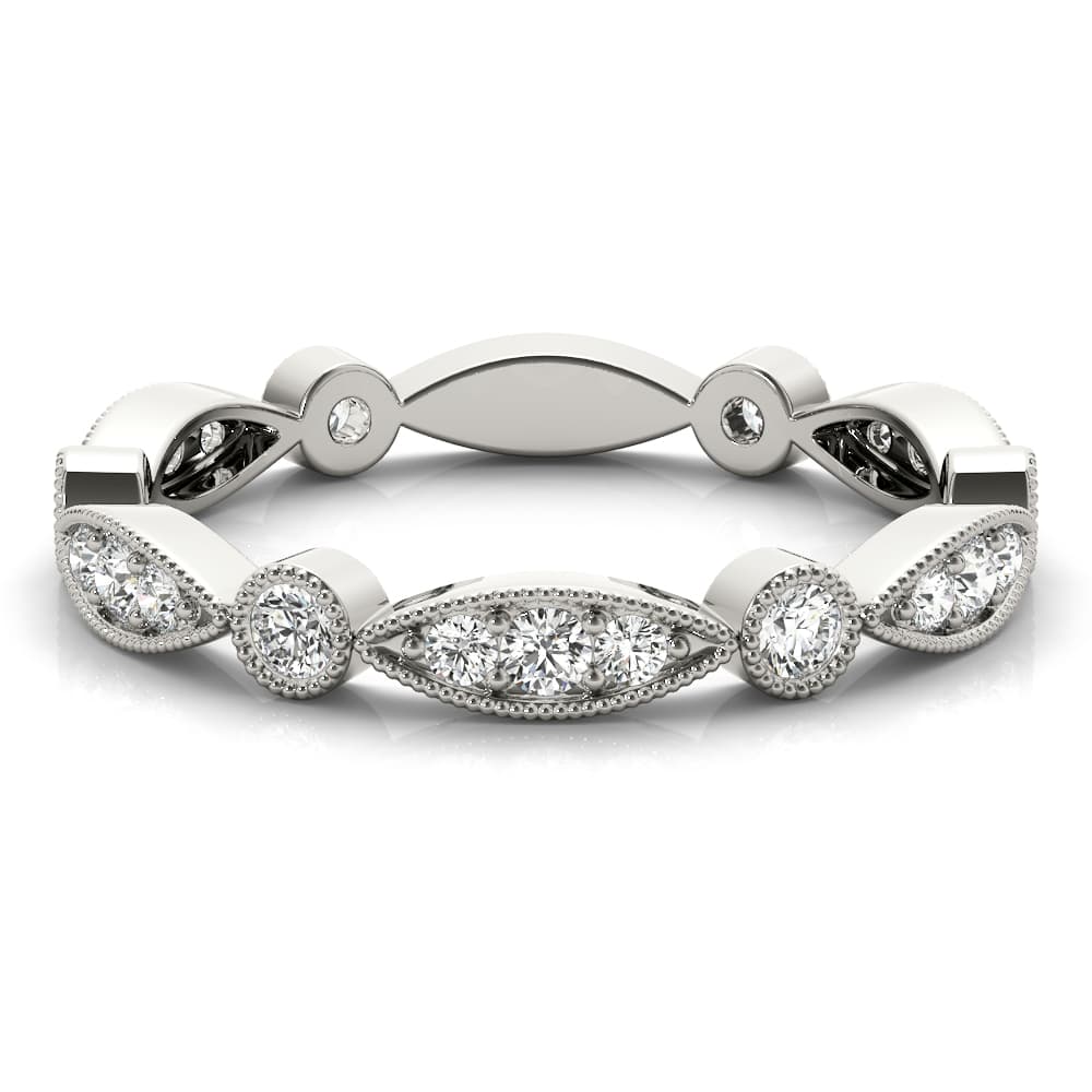 Bezel Set Stackable Milgrain Wedding Band (1/3 ct. tw.), On hand view in white gold or platinum