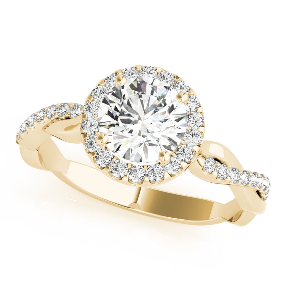 Single Row Twisted Shank Round Halo Engagement Ring, style 85137, Front view in yellow gold