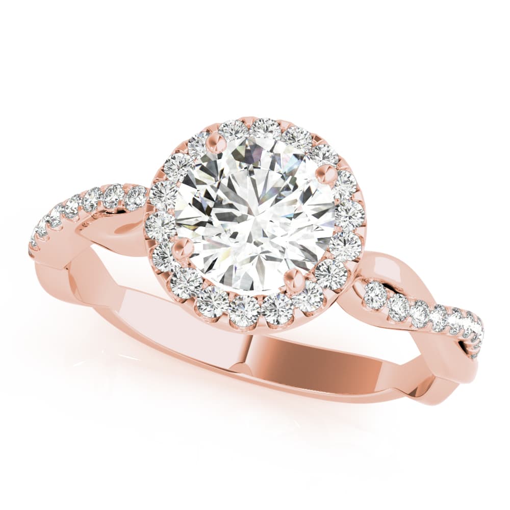 Single Row Twisted Shank Round Halo Engagement Ring, style 85137, Front view in rose gold