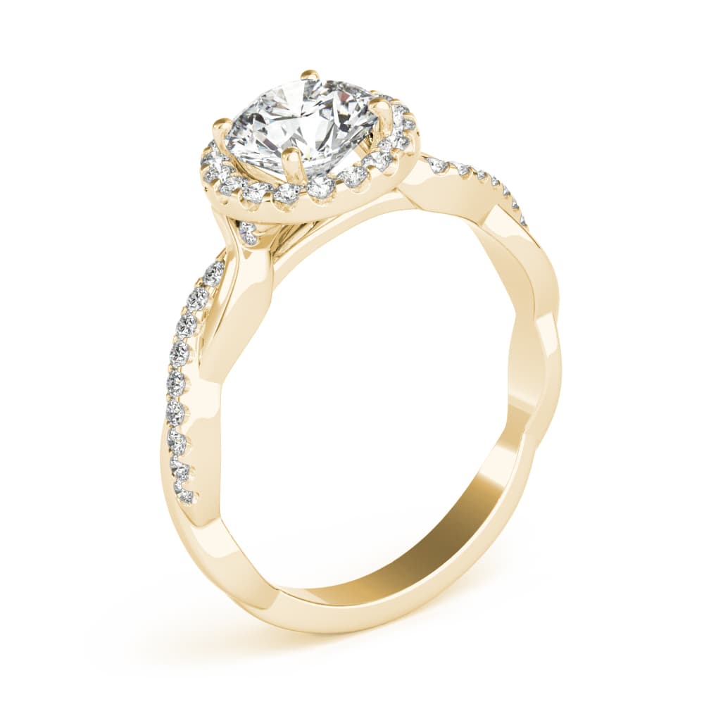 Single Row Twisted Shank Round Halo Engagement Ring, style 85137, Angle view in yellow gold