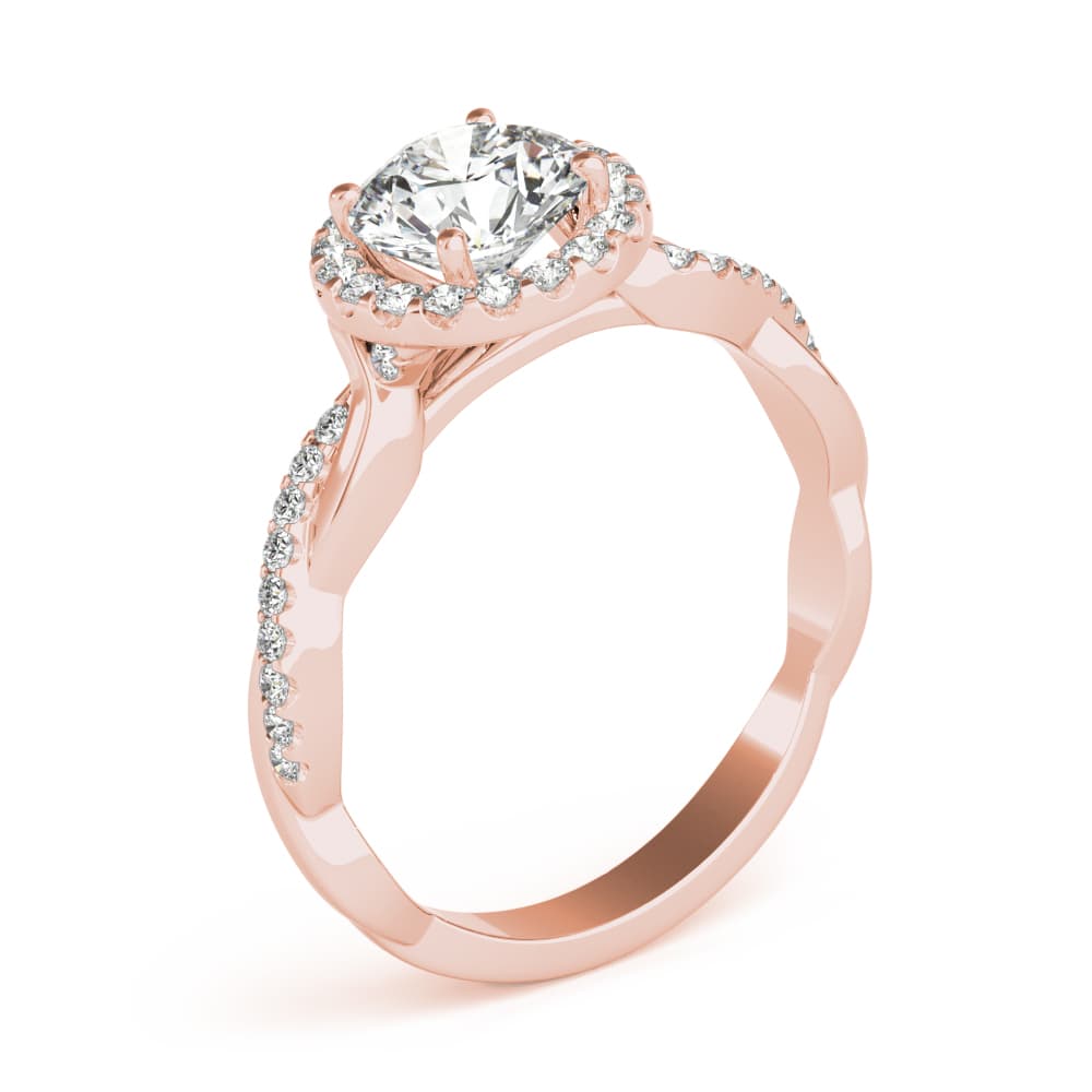 Single Row Twisted Shank Round Halo Engagement Ring, style 85137, Angle view in rose gold
