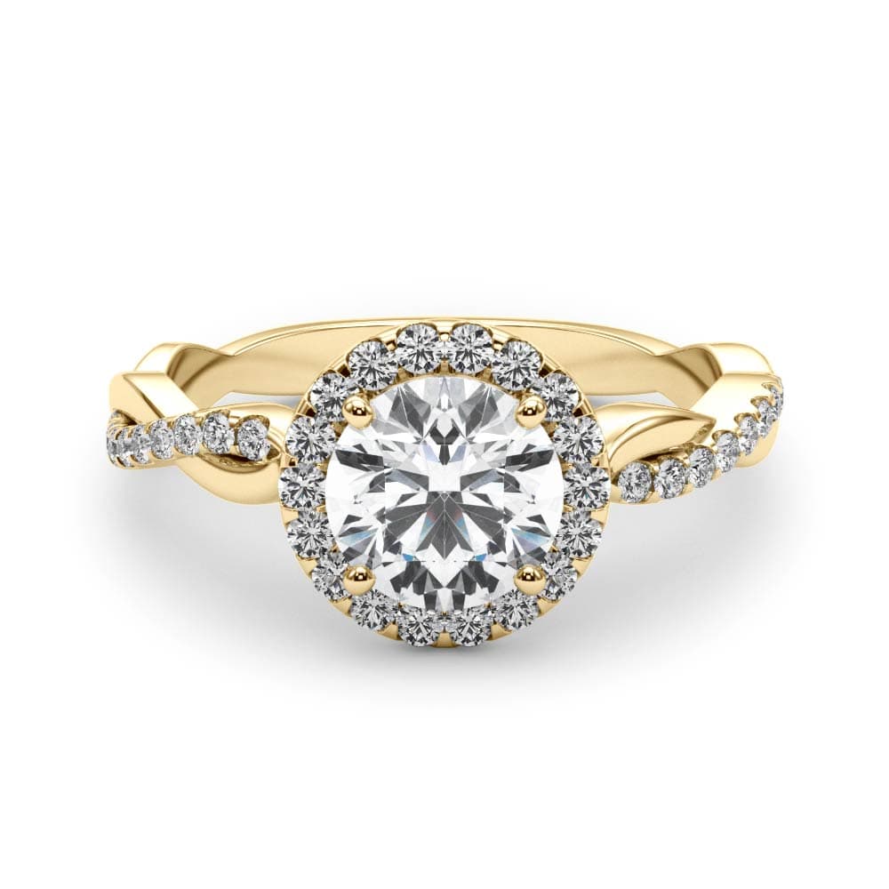 Single Row Twisted Shank Round Halo Engagement Ring, style 85137, On hand view in yellow gold