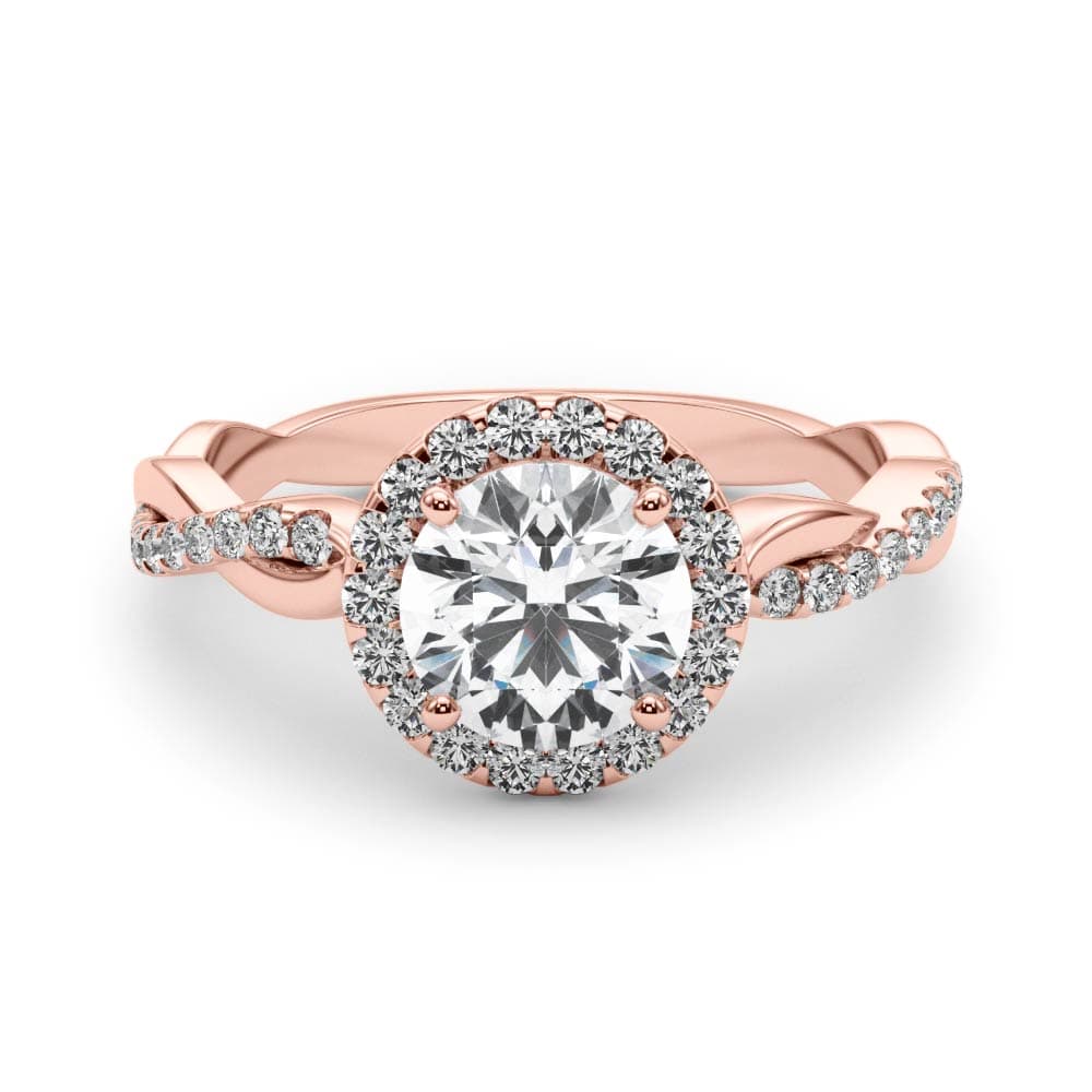 Single Row Twisted Shank Round Halo Engagement Ring, style 85137, On hand view in rose gold