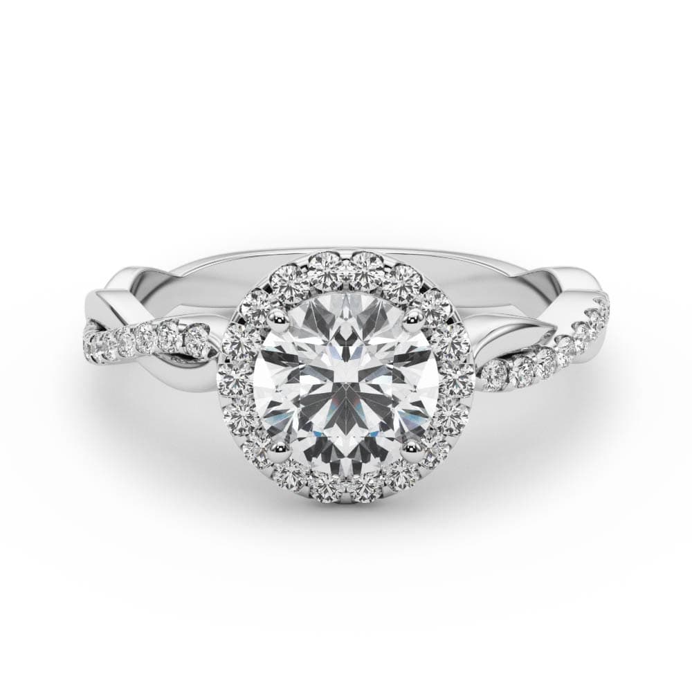 Single Row Twisted Shank Round Halo Engagement Ring, style 85137, On hand view in white gold or platinum