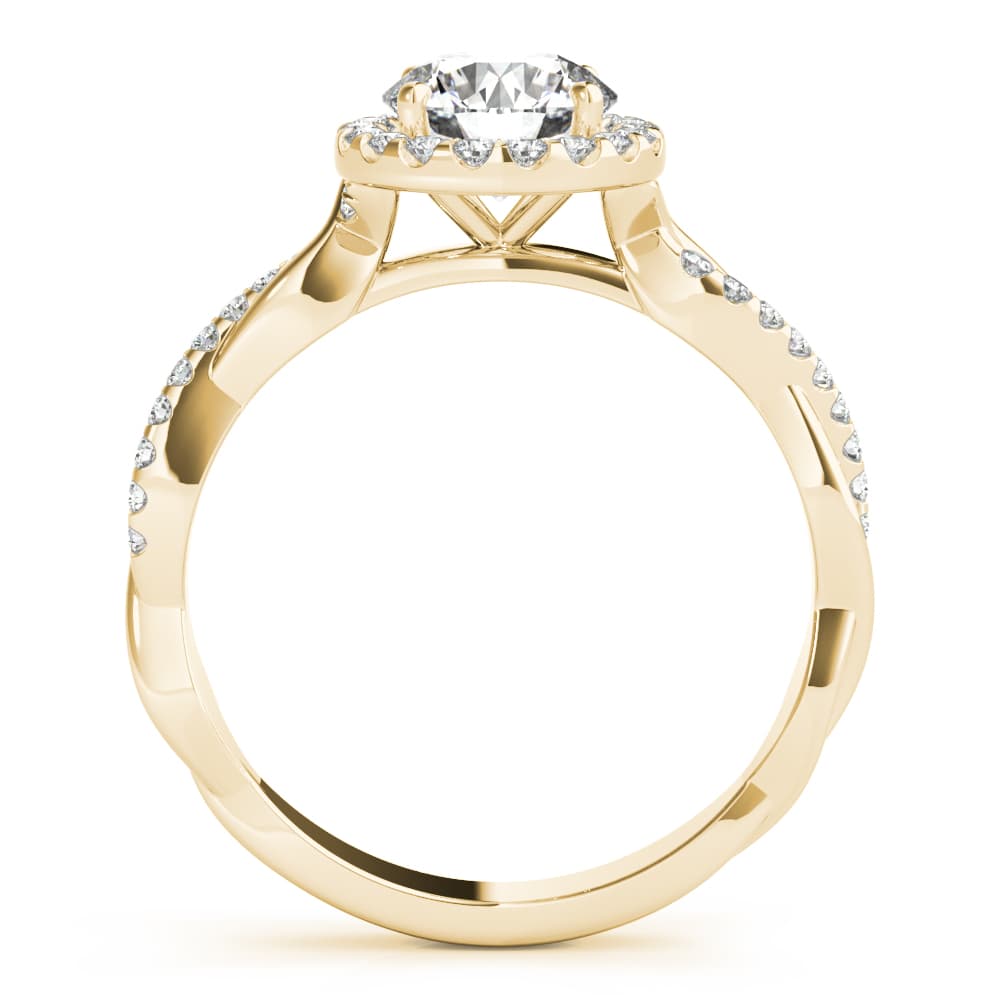 Single Row Twisted Shank Round Halo Engagement Ring, style 85137, Side view in yellow gold