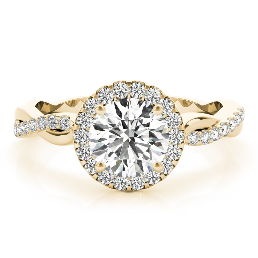 Single Row Twisted Shank Round Halo Engagement Ring, style 85137, Top view in yellow gold
