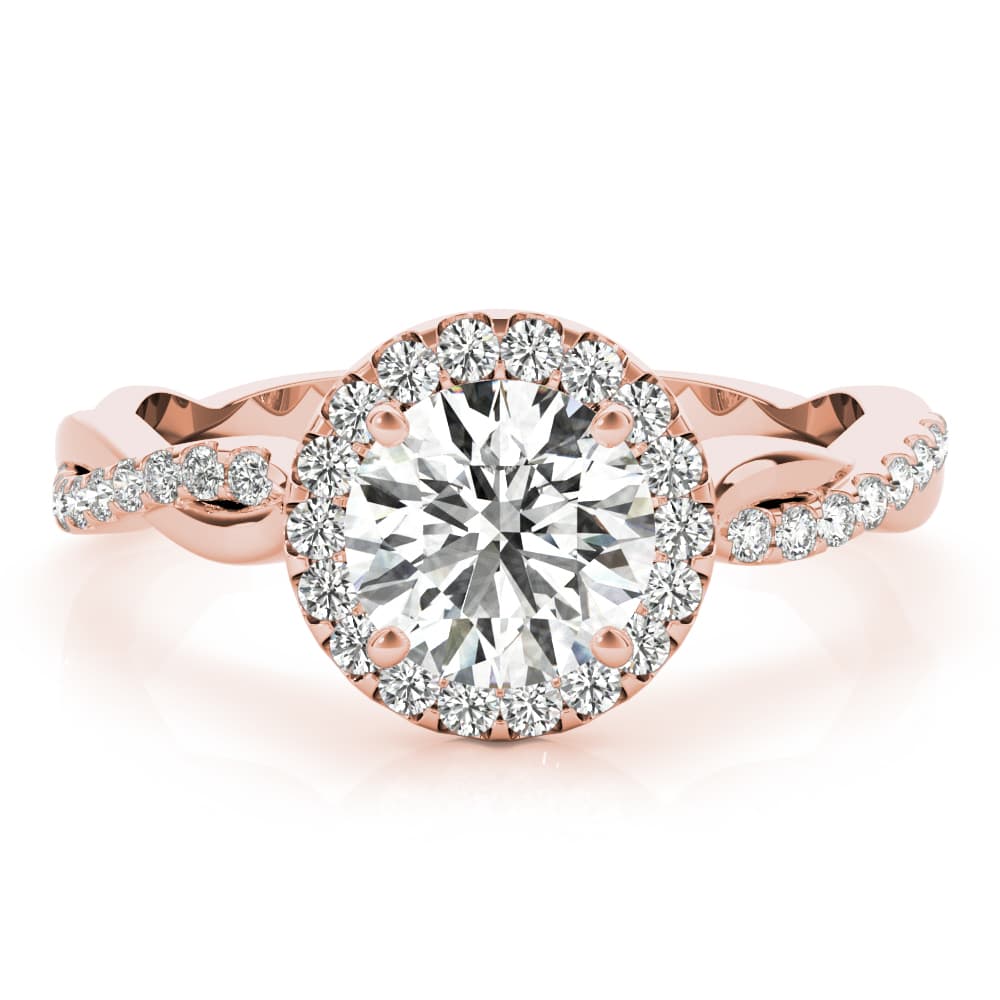 Single Row Twisted Shank Round Halo Engagement Ring, style 85137, Top view in rose gold