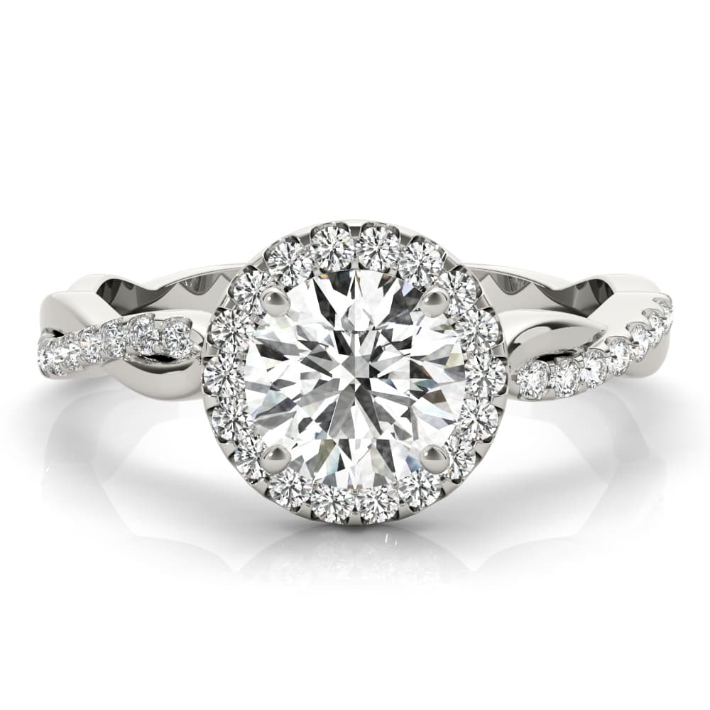 Single Row Twisted Shank Round Halo Engagement Ring, style 85137, Top view in white gold or platinum