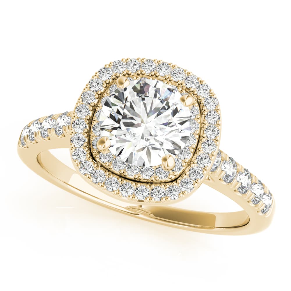 Double Halo Cushion Engagement Ring, style 85150, Front view in yellow gold