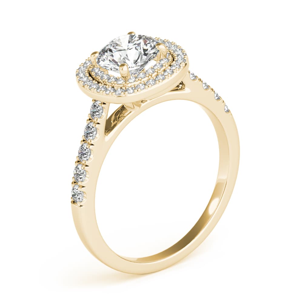 Double Halo Cushion Engagement Ring, style 85150, Angle view in yellow gold