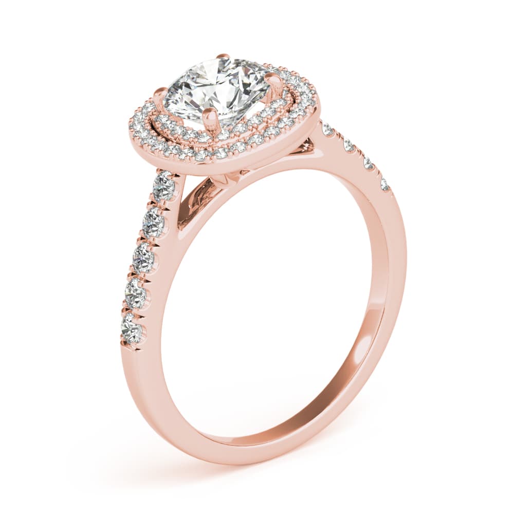 Double Halo Cushion Engagement Ring, style 85150, Angle view in rose gold