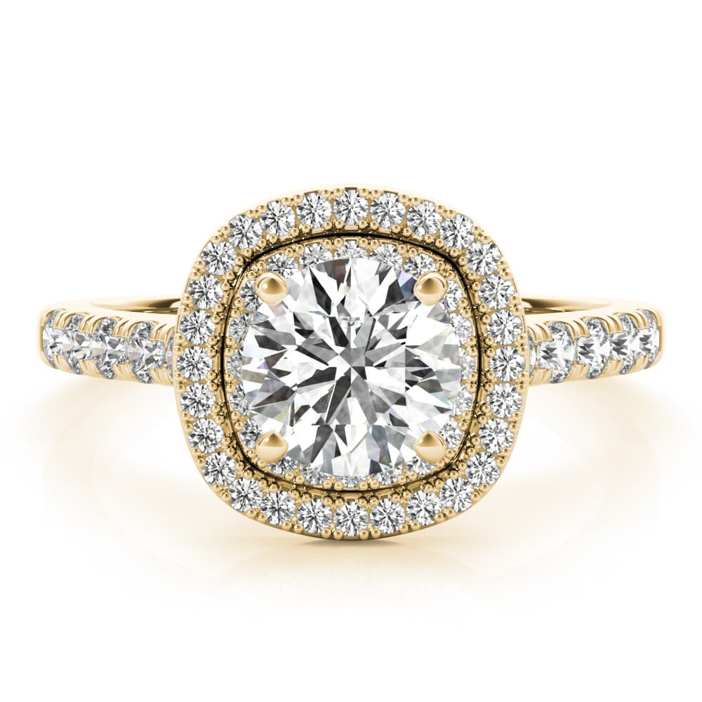 Double Halo Cushion Engagement Ring, style 85150, Top view in yellow gold