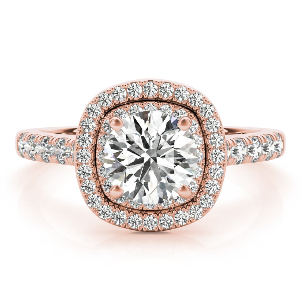 Double Halo Cushion Engagement Ring, style 85150, Top view in rose gold