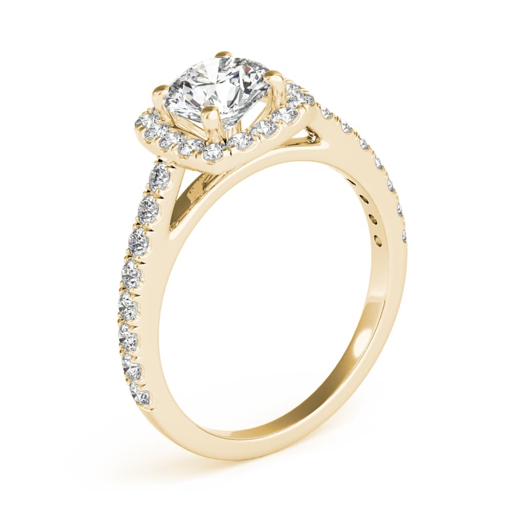 Cushion Halo Round Center, style 85151, Angle view in yellow gold