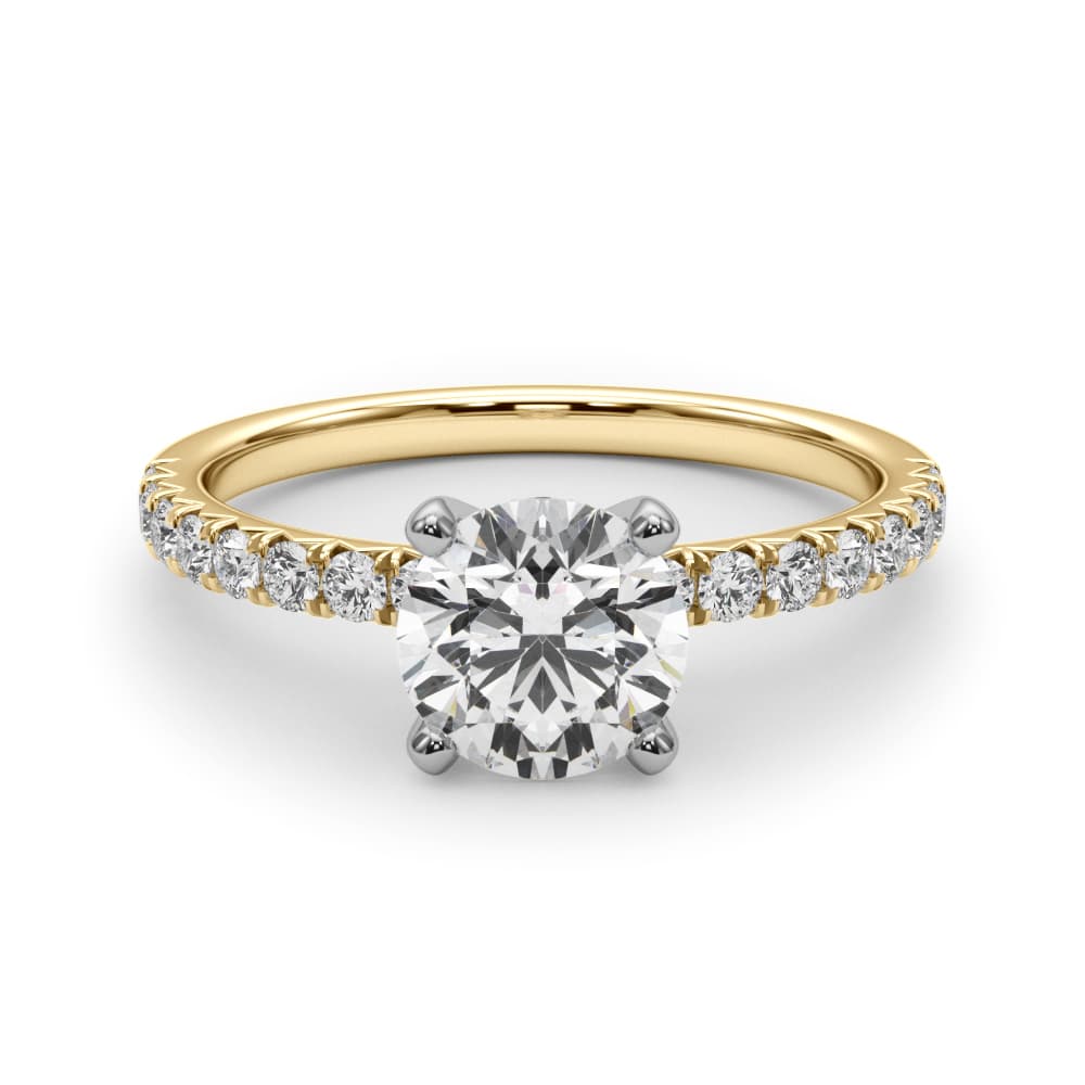 Accented Round Engagement Ring, style 85158, On hand view in yellow gold