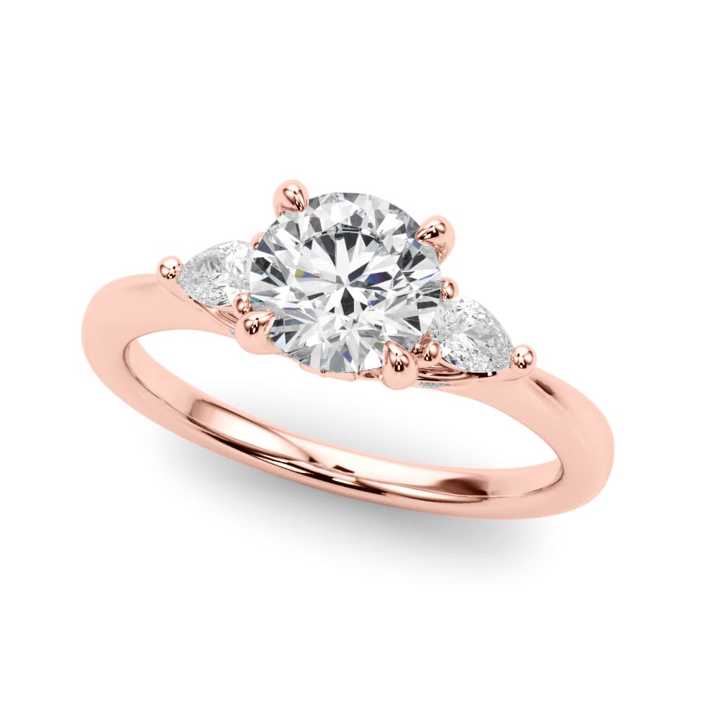 3-Stone Round & Pear Engagement Ring, style 85165, Front view in rose gold