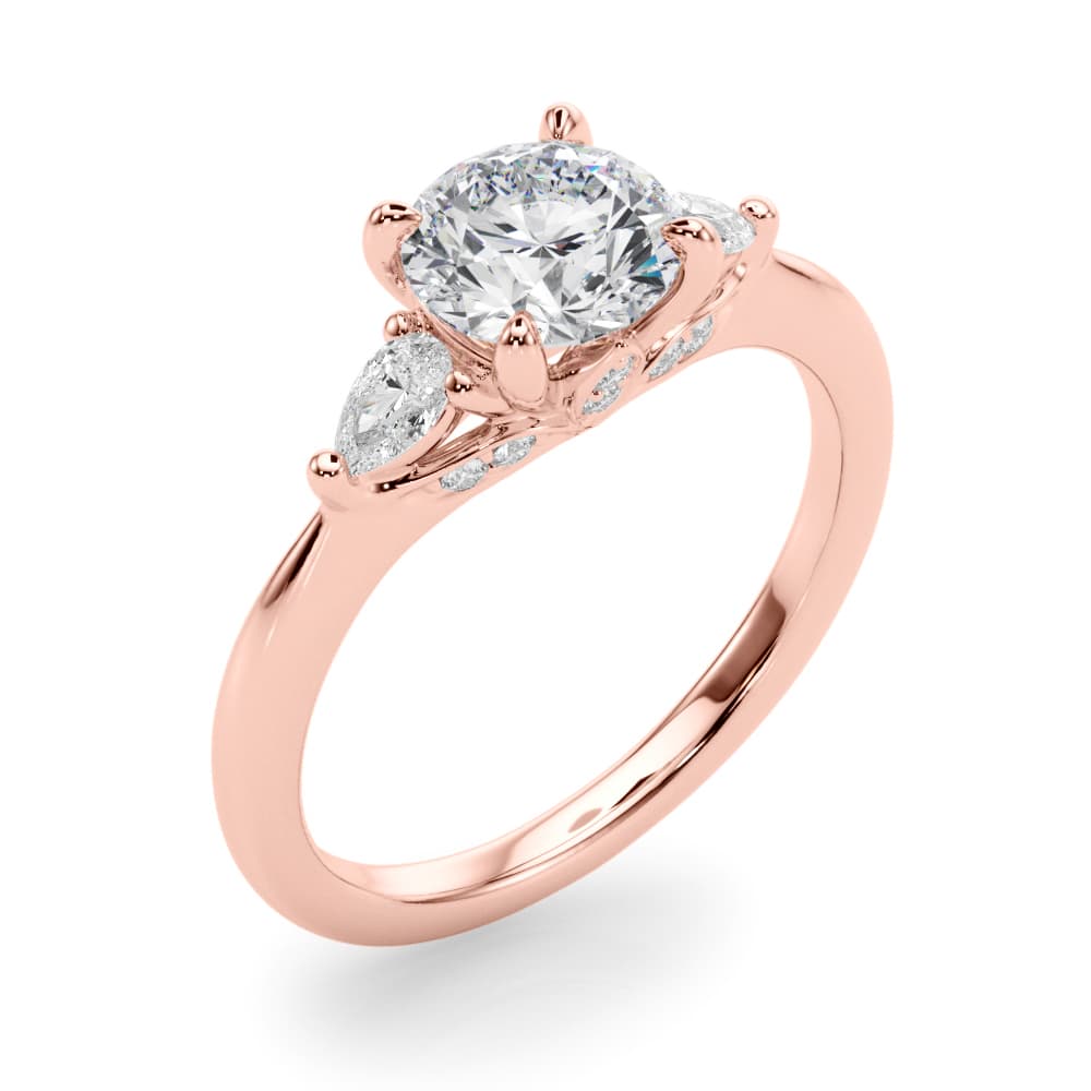 3-Stone Round & Pear Engagement Ring, style 85165, Angle view in rose gold