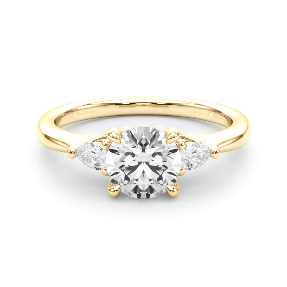 3-Stone Round & Pear Engagement Ring, style 85165, On hand view in yellow gold