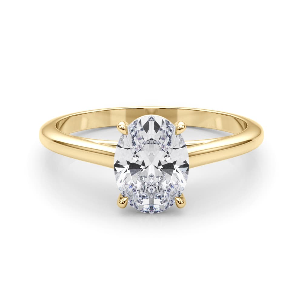 Solitaire Oval Engagement Ring, style 85193, On hand view in yellow gold