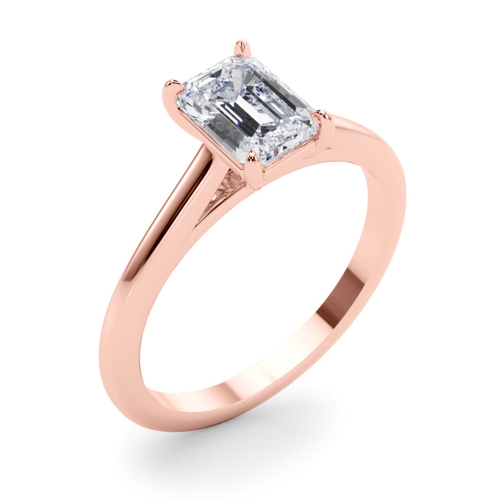 Solitaire Cathedral Emerald-Cut Engagement Ring, style 85194, Angle view in rose gold