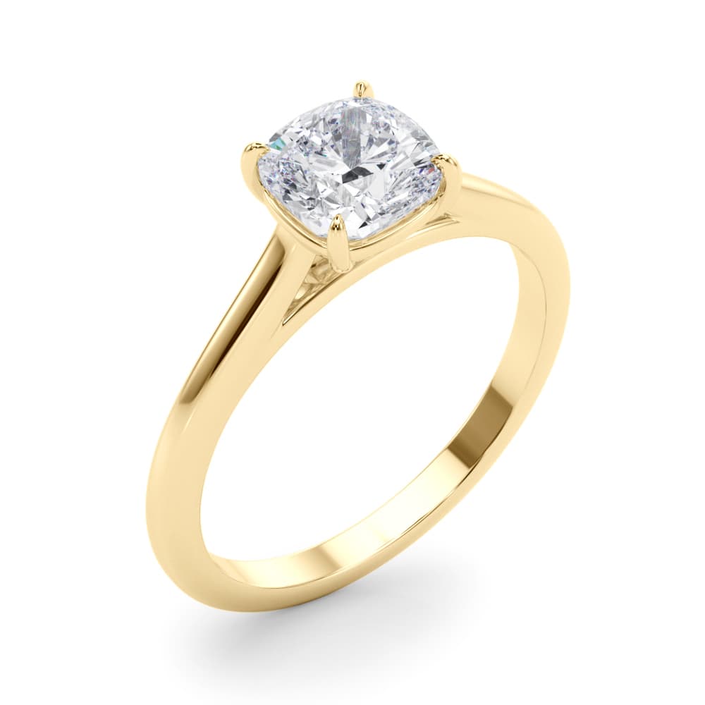 Solitaire Cushion Cut Engagement Ring, style 85195, Angle view in yellow gold