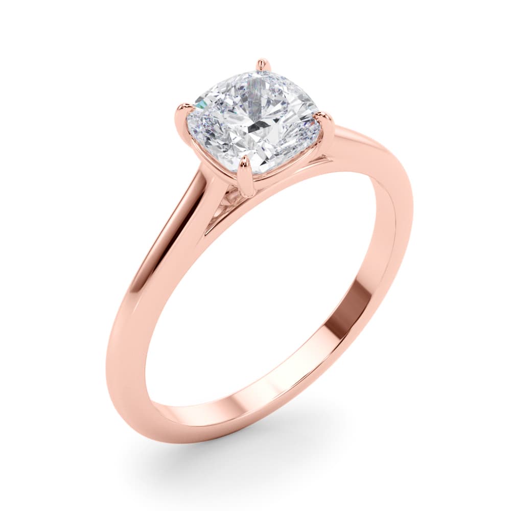 Solitaire Cushion Cut Engagement Ring, style 85195, Angle view in rose gold