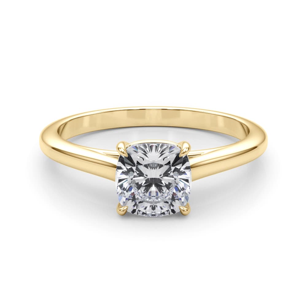 Solitaire Cushion Cut Engagement Ring, style 85195, On hand view in yellow gold