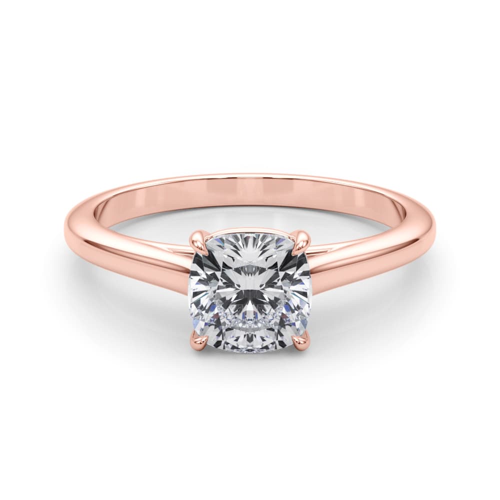 Solitaire Cushion Cut Engagement Ring, style 85195, On hand view in rose gold