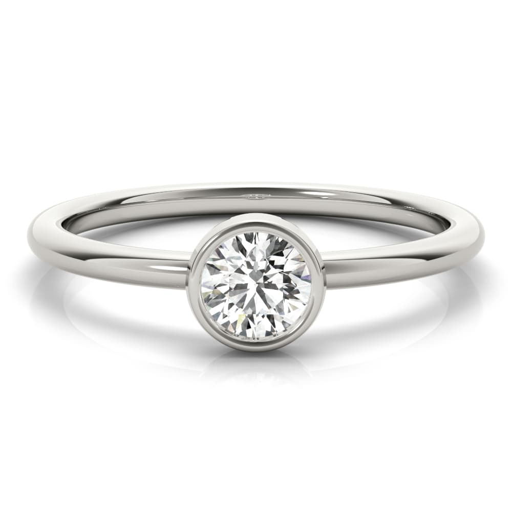 Round Bezel Set Solitaire Stackable Ring, On hand view in white gold or platinum