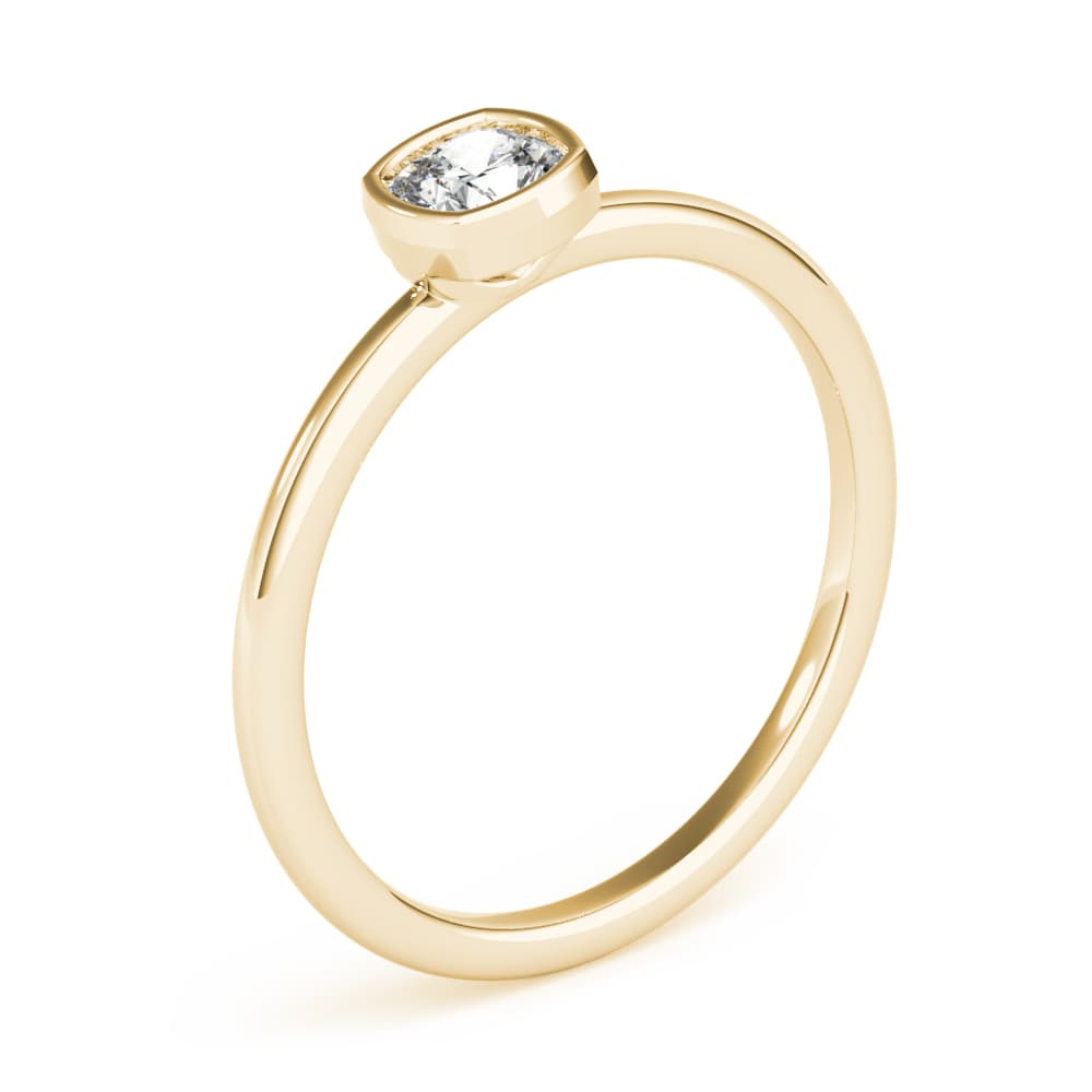 Bezel Set Solitaire Cushion Cut Engagement Ring, style 85207, Angle view in yellow gold