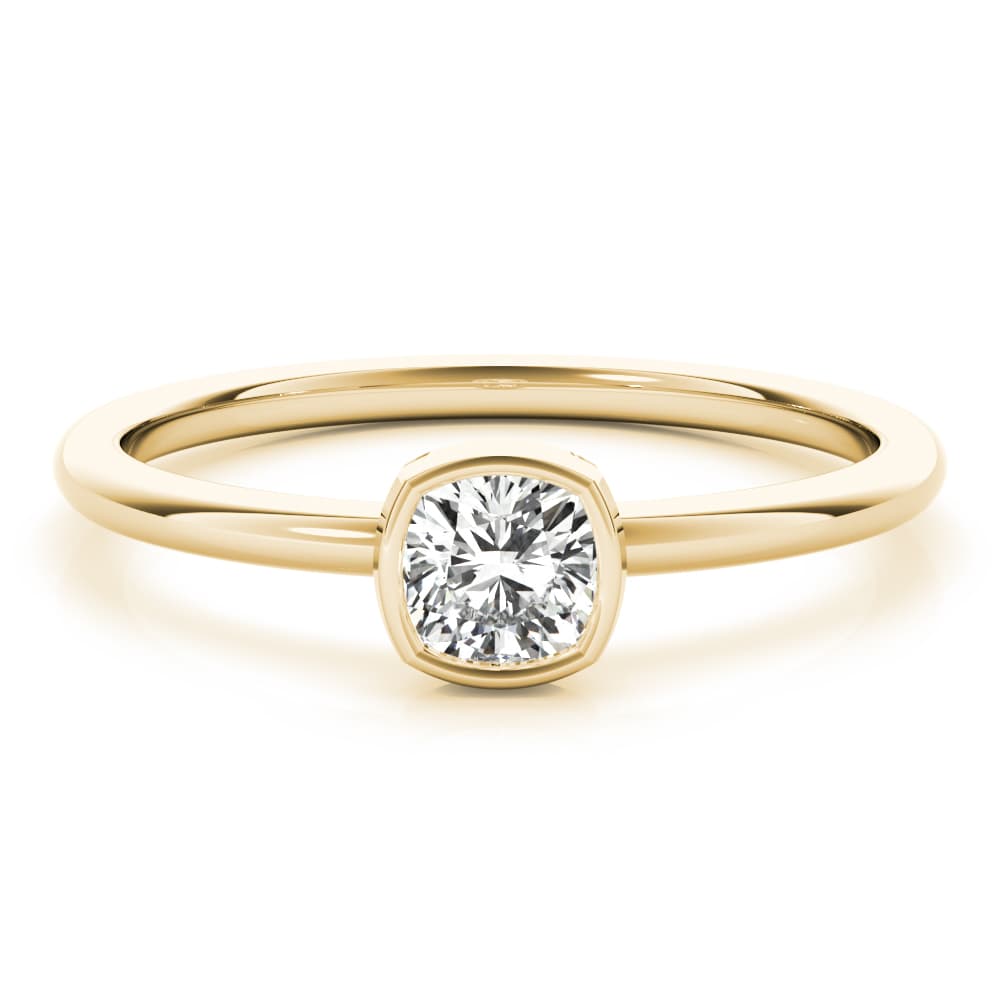 Bezel Set Solitaire Cushion Cut Engagement Ring, style 85207, On hand view in yellow gold