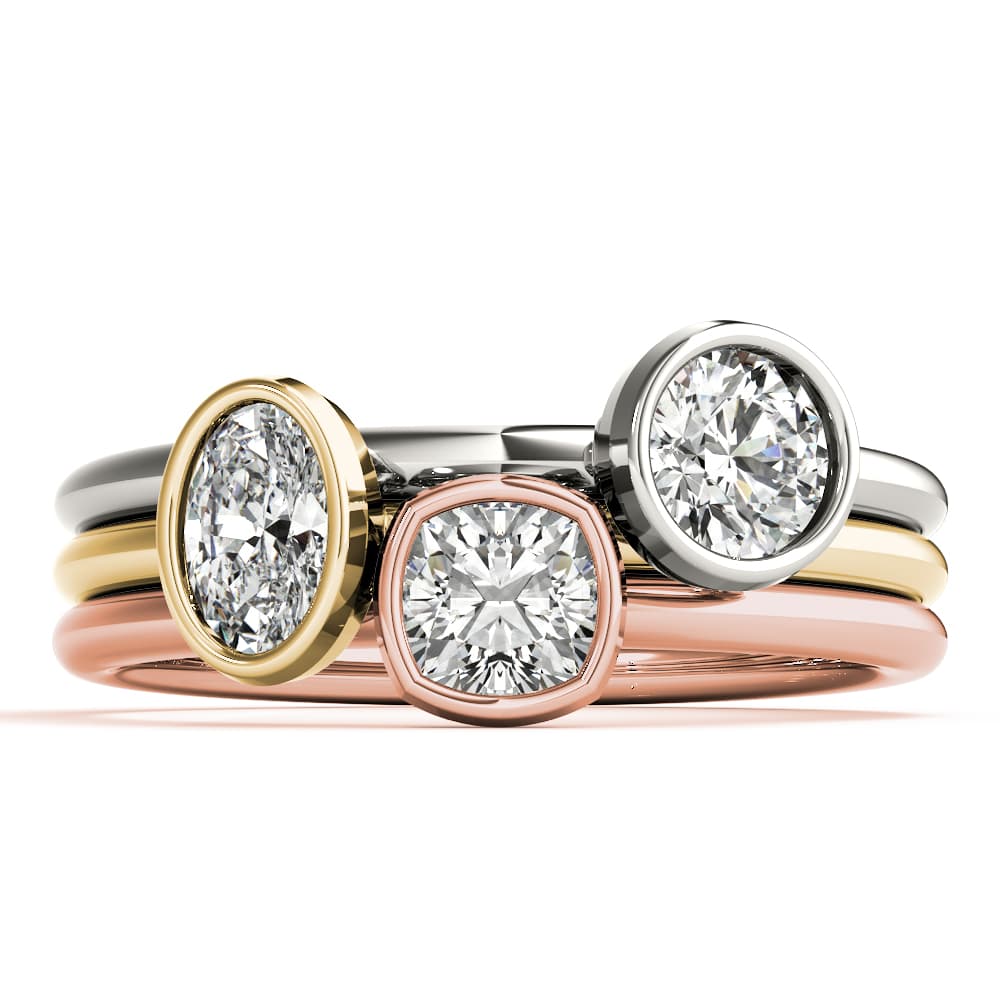 Bezel Set Solitaire Cushion Cut Engagement Ring, style 85207, Top view in white gold or platinum
