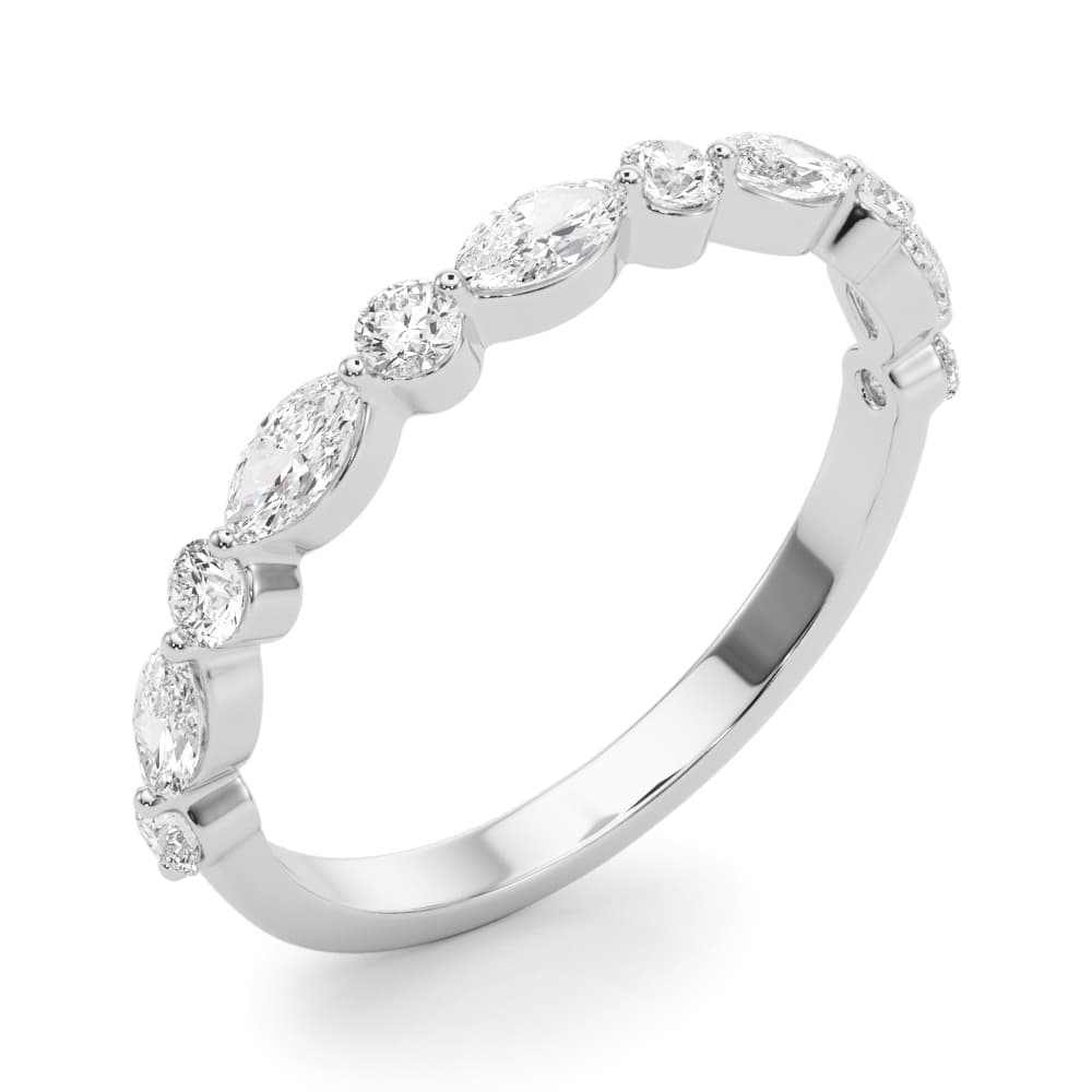 Alternating Marquise & Round Wedding Band (0.56 ct. tw.), Angle view in white gold or platinum