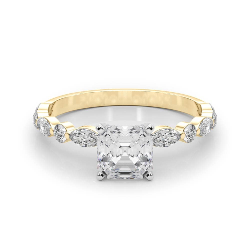 Alternating Round & Marquise Engagement Ring, style 85225, On hand view in yellow gold