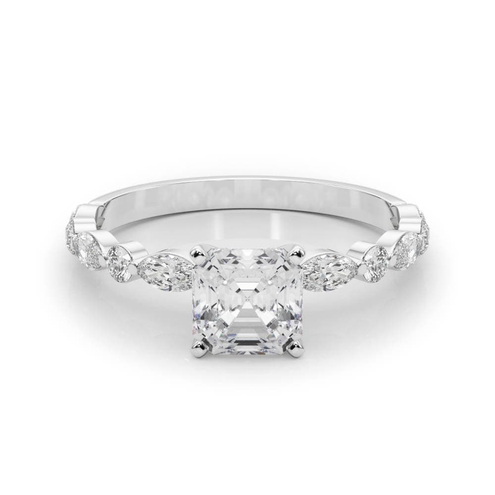 Alternating Round & Marquise Engagement Ring, style 85225, On hand view in white gold or platinum