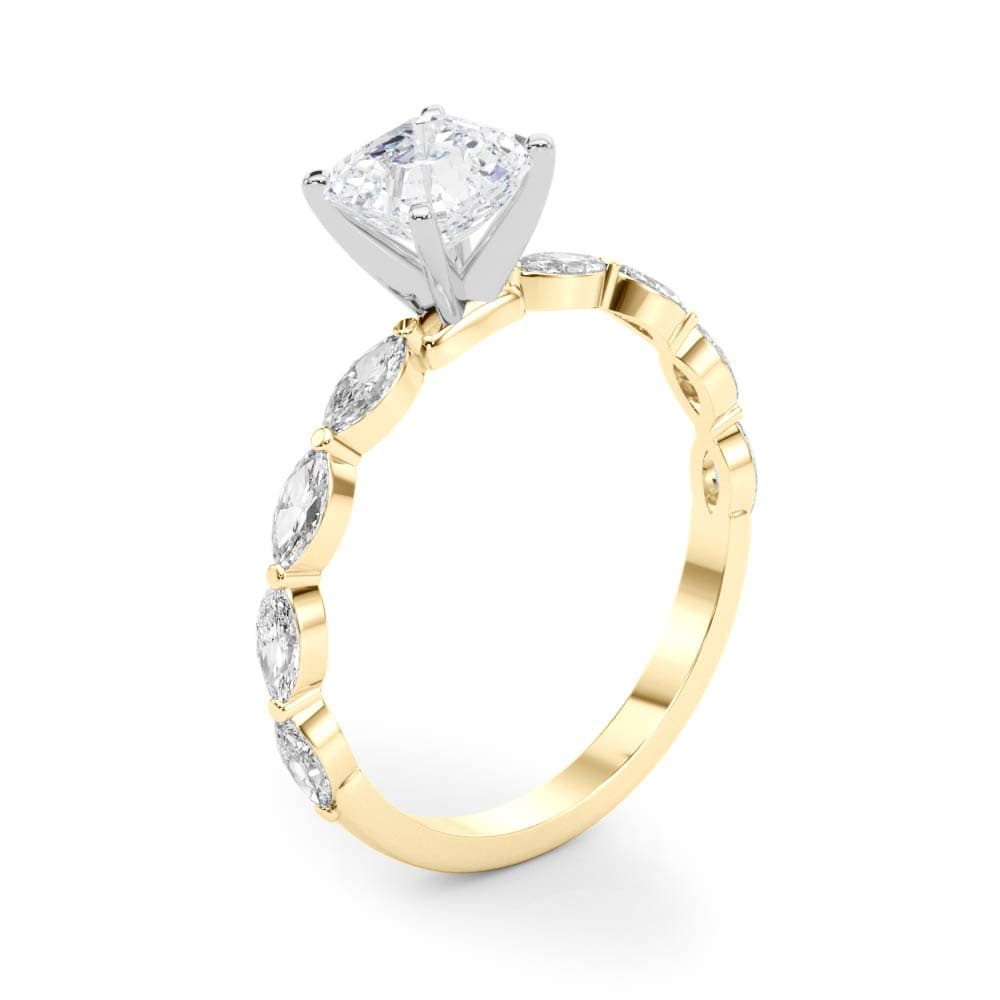Single Shared Prong Marquise Side Engagement Ring, style 85230, Angle view in yellow gold