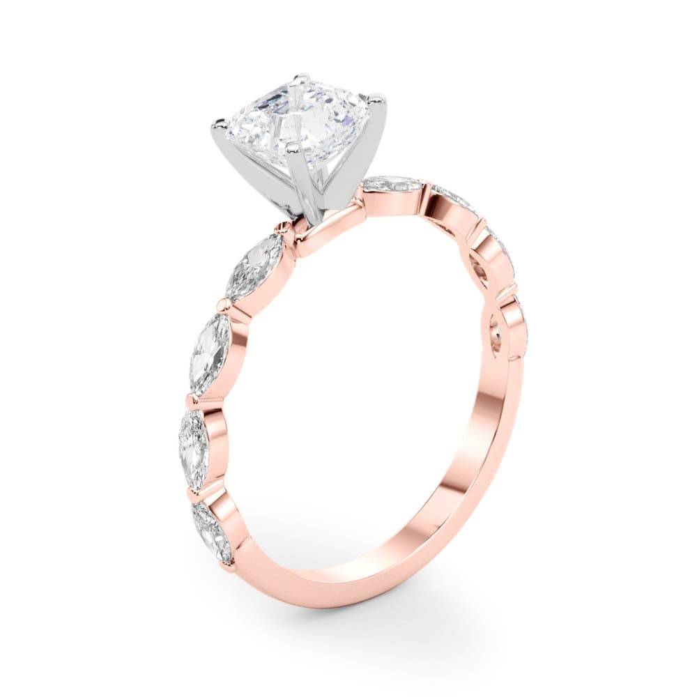 Single Shared Prong Marquise Side Engagement Ring, style 85230, Angle view in rose gold