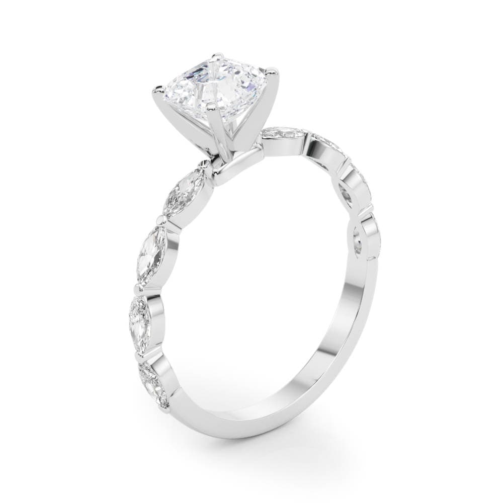 Single Shared Prong Marquise Side Engagement Ring, style 85230, Angle view in white gold or platinum