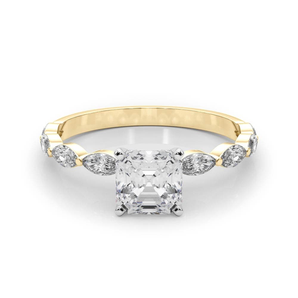 Single Shared Prong Marquise Side Engagement Ring, style 85230, On hand view in yellow gold