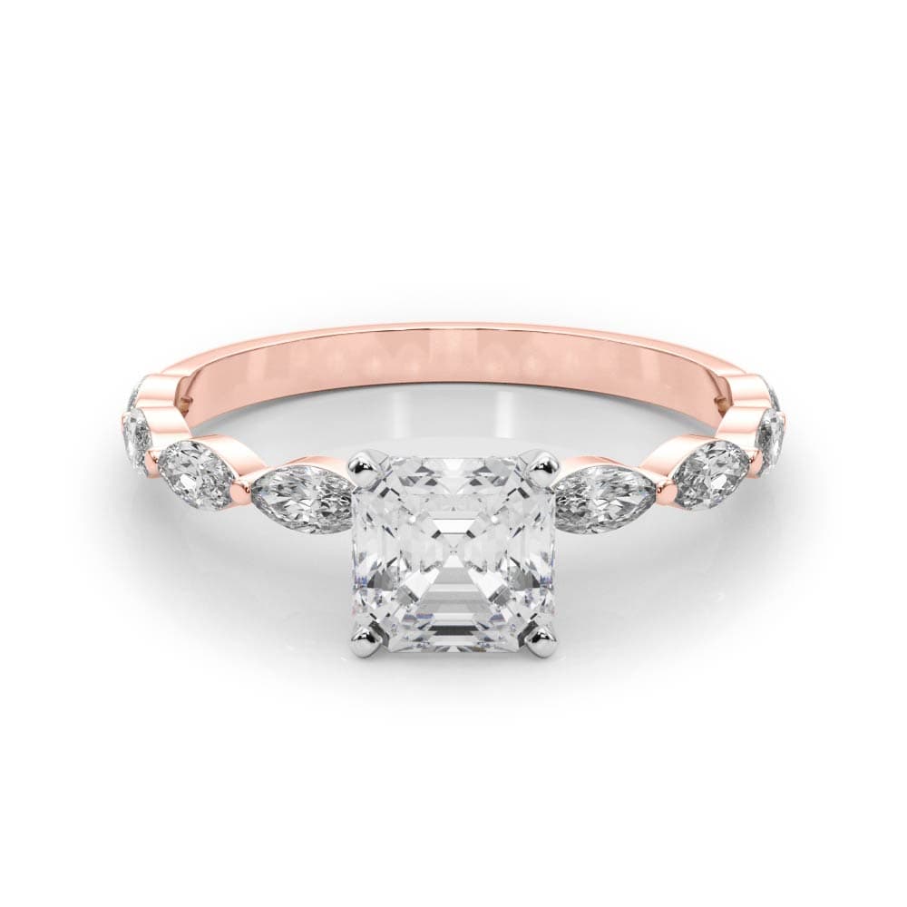 Single Shared Prong Marquise Side Engagement Ring, style 85230, On hand view in rose gold