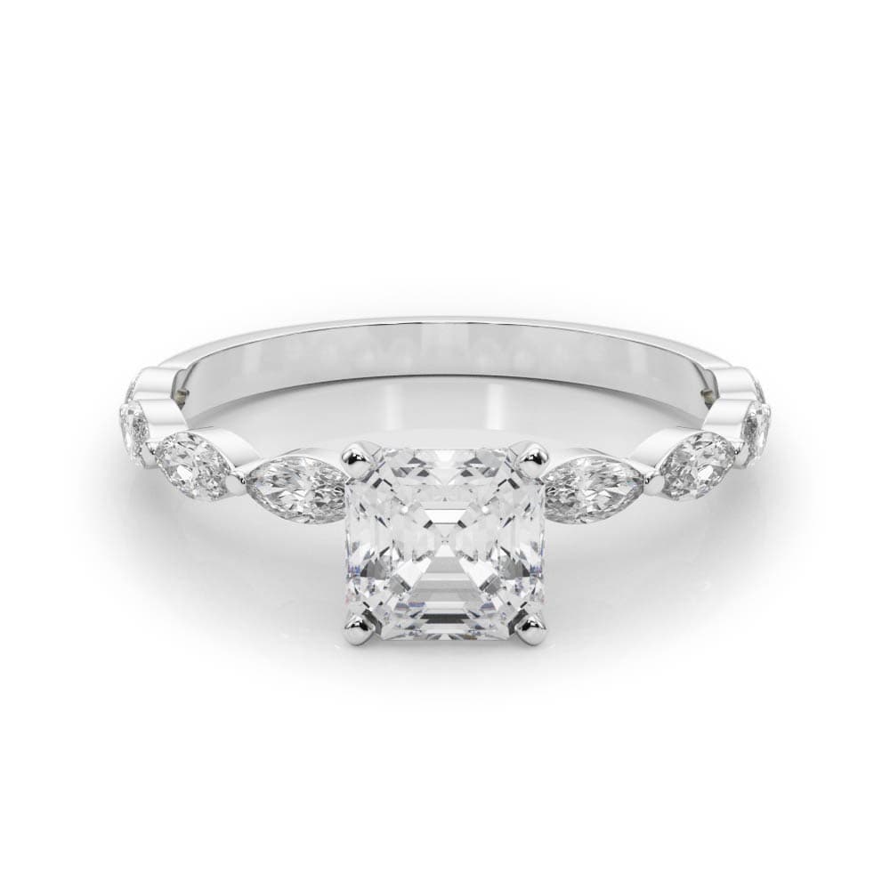 Single Shared Prong Marquise Side Engagement Ring, style 85230, On hand view in white gold or platinum