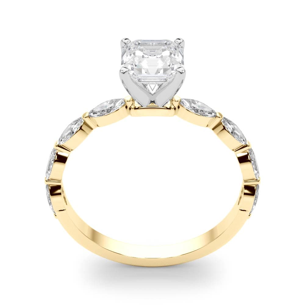 Single Shared Prong Marquise Side Engagement Ring, style 85230, Top view in yellow gold