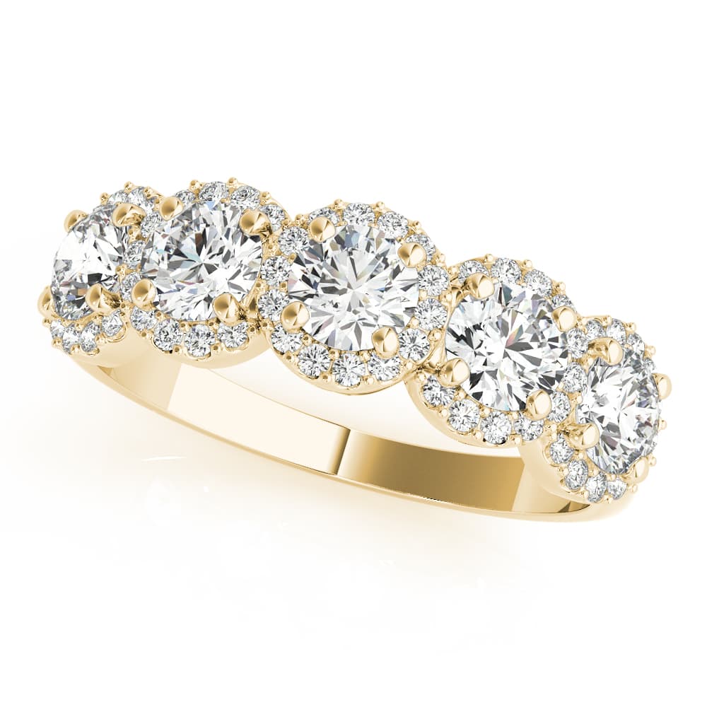 5-Stone Round Halo Wedding Bands (3/4 ct. tw.), Front view in yellow gold