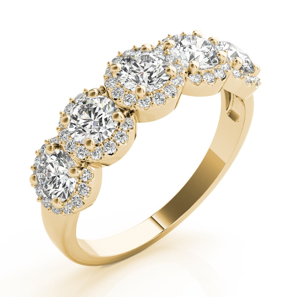 5-Stone Round Halo Wedding Bands (3/4 ct. tw.), Angle view in yellow gold