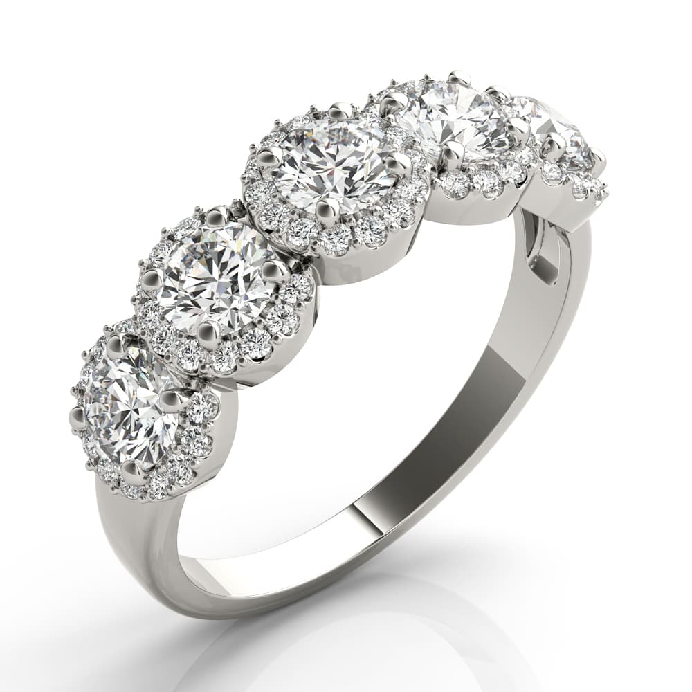 5-Stone Round Halo Wedding Bands (1.54 ct. tw.), Angle view in white gold or platinum