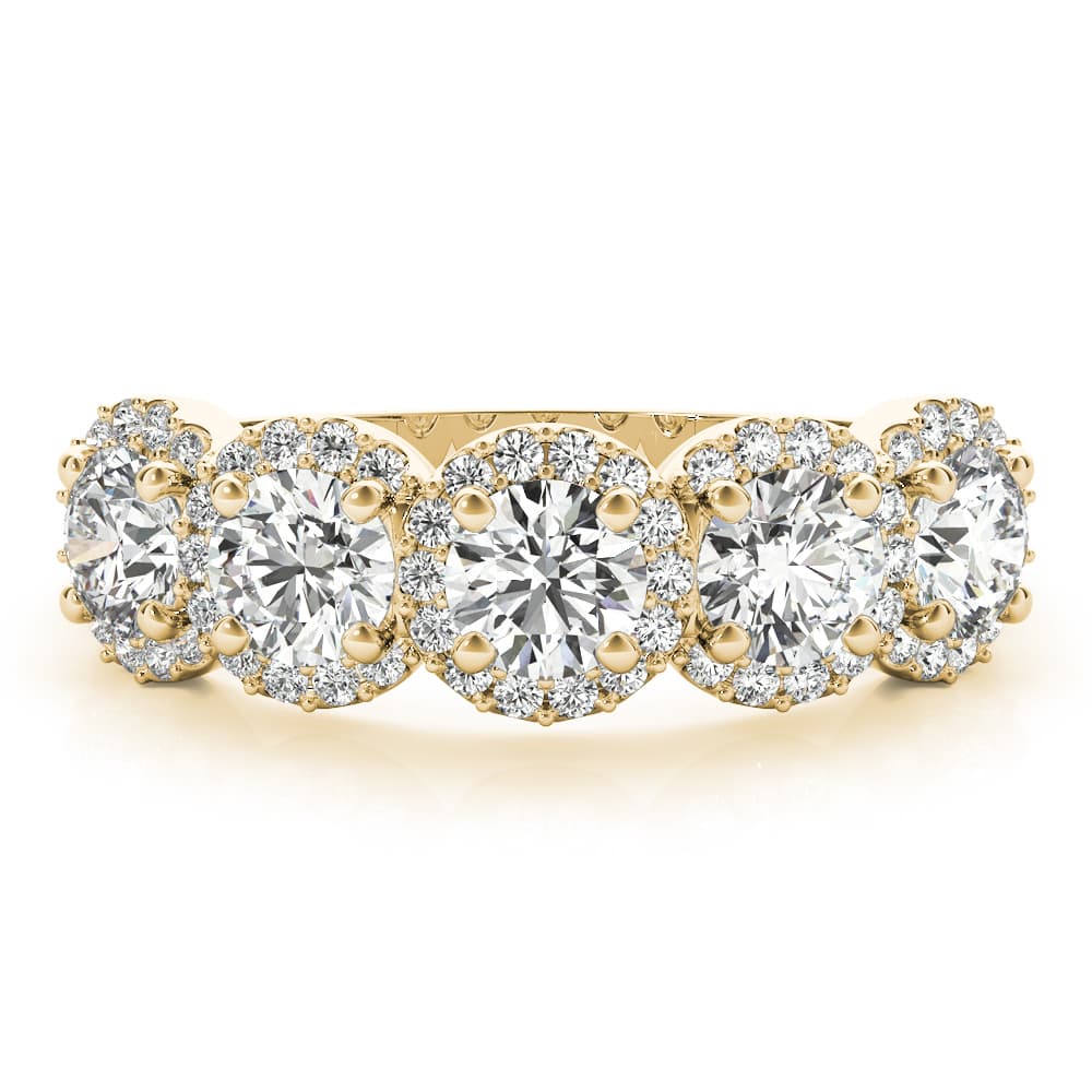 5-Stone Round Halo Wedding Bands (3/4 ct. tw.), On hand view in yellow gold