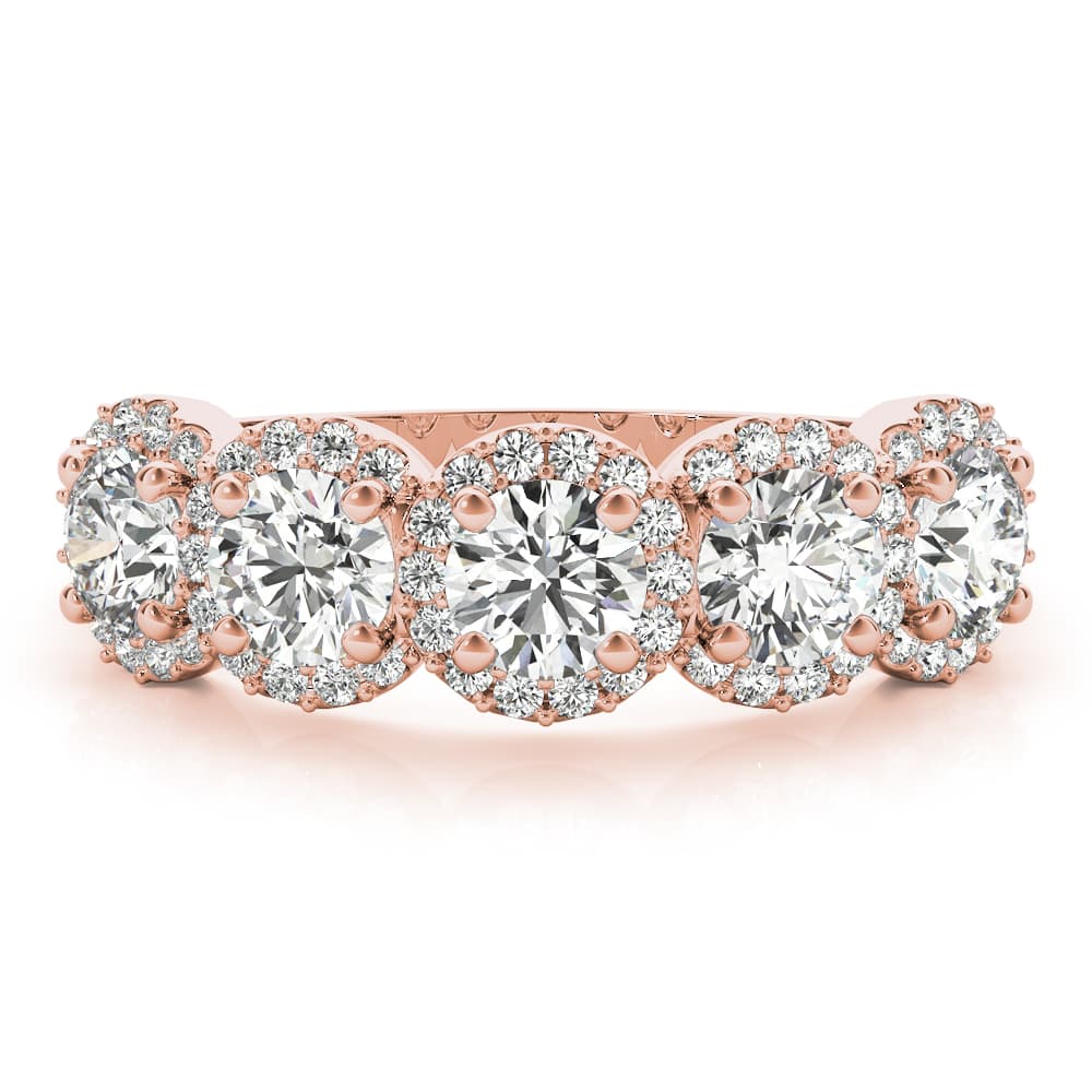 5-Stone Round Halo Wedding Bands (1.54 ct. tw.), On hand view in rose gold